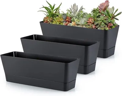 Image de Lot de 3 pots de fleurs rectangulaires en plastique de 30,5 cm pour l'extérieur et le balcon - Noir