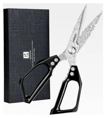 Produktbild von Küchenschere aus Damaststahl, 23,3 cm, 110 Schichten, Allzweckschere mit ergonomischem Griff aus schwarzer Aluminiumlegierung