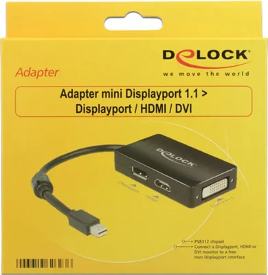 Zdjęcie produktu dla DeLOCK 0.16m DisplayPort/Displayport + HDMI + DVI, 0,16 m, Mini DisplayPort, DisplayPort + DVI + HDMI, Męska, Żeńska, 1920 x 1200 px
