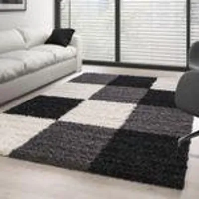 Produktbild von Teppich Wohnzimmer Hochflor Kariert Design Langflor Shaggy Modern Flauschig, Größe: 160 x 230 cm, Farbe: Schwarz