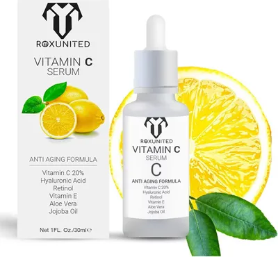 Produktbild von ROXUNITED Vitamin C Serum [BIO] Vergleichssieger 2024 - mit Hyaluronsäure - Anti-Aging - Aloe Vera - Vitamin E - Perfekte Hautpflege, 30 ml