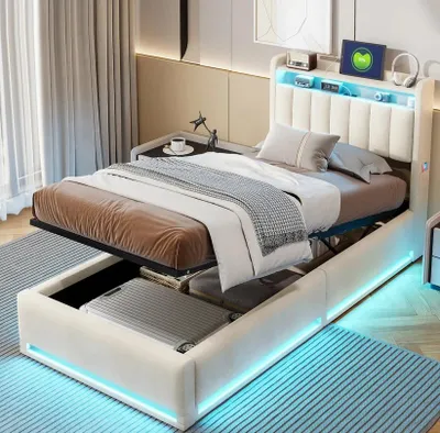 Productafbeelding van Enkelbed - Bed met opbergruimte - 90 x 200 cm - LED/USB-aansluiting - Hoofdeinde - Lattenbodem - Beige
