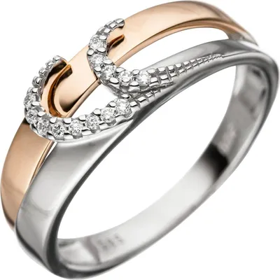 Produktbild von Gr. 58 Damen Ring 585 Gold Weißgold Rotgold bicolor 13 Diamanten Brillanten Goldring