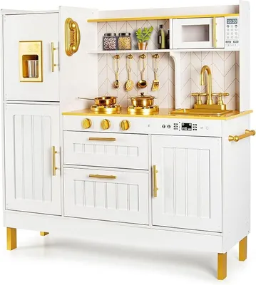 Imagen del producto de Cocina de juguete grande de madera, color dorado, con accesorios para niños