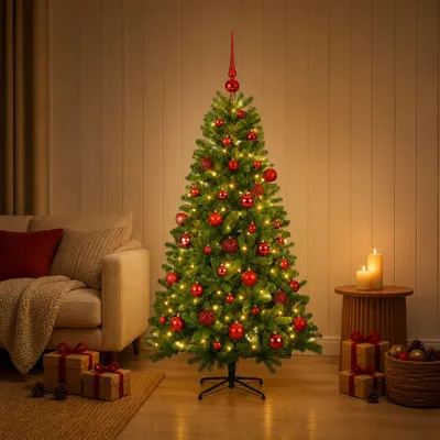 Obrázek produktu pro Umělý vánoční stromek s vánočními ozdobami, výška 150 cm, 150 LED diod