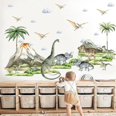 Produktbild von Große Dinosaurier-Wandstickers mit Vulkanen, Palmen und Pflanzen - Selbstklebende Dekoration für Kinderzimmer und Spielzimmer
