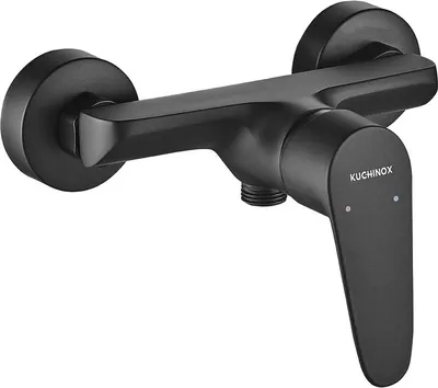 A black wall-mounted shower faucet with a single lever.