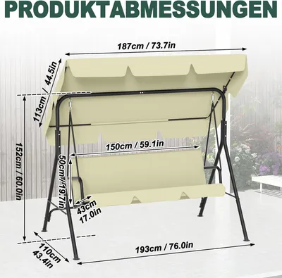 Produktbild von Schaukelbank – Gartenschaukel – Hollywoodschaukel – Gartenbank – Hängeschaukel – 3-Sitzer – Wetterbeständiger Stahlrahmen