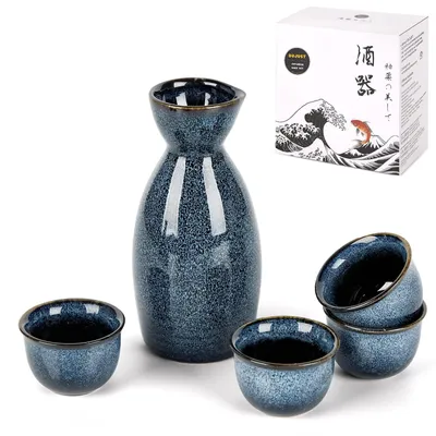 Sake-Set 5-teilig, Porzellan, 1 Flasche 180 ml, 4 Tassen 30 ml, Blau