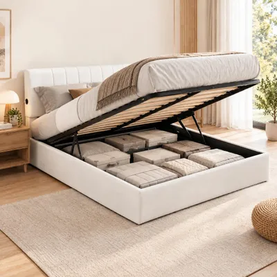 Imagen del producto de INONEFT, cama tapizada de matrimonio de 160x200 con espacio de almacenamiento hidráulico, cama con espacio de almacenamiento, cabecero con puerto USB, estructura de cama con somier y cajón, tapizada en tejido tipo "teddy fleece"
