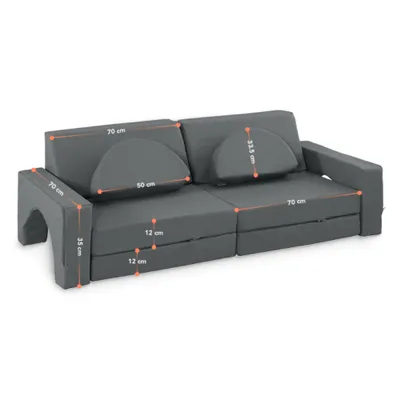 A diagram of a gray sofa with dimensions indicated by lines and text.