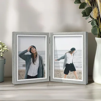 Obrázok produktu pre Sivý drevený držiak na fotografie - dvojitý kolážový držiak na fotografie - 2 kusy - sivý - drevo - 13x18 cm