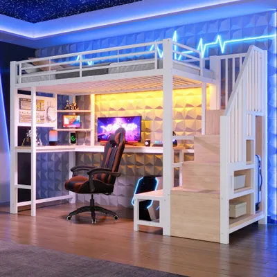 Produktbild von Hochbett mit Tisch, USB- und USB-C-Anschluss, Lochwand, Regalen, Leiterschrank, LED-Beleuchtung, Matratze nicht enthalten, Weiß , 90x200 cm