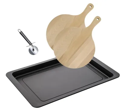 Pizzaset mit Backblech, 2 Brettern und Roller, 42x29x2,5 cm
