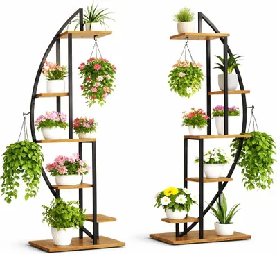 Two multi-tiered plant stands with plants on them, displayed against a white background.