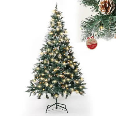 Produktbild von Verdego Künstlicher Weihnachtsbaum 180 cm, Hochwertiges PVC, Grüner Kunstbaum mit LED, Metallständer,28 Tannenzapfen,Ø 100 cm,Leichter Schnee-Effekt