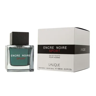 A bottle of Lalique Encre Noire Sport eau de toilette for men and its packaging are displayed side-by-side against a white background.