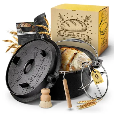 Produktbild von Gusskönig Gusseisen Brotbackform mit Deckel 33 cm - Brotbacktopf inkl. Rezeptbuch I Brottopf zum backen I Brot Backen Zubehör