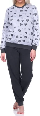 Produktbild von Damen Frottee Schlafanzug mit Bündchen Pyjama in toller Herz Optik - auch in Übergrößen ; grau-melange , 44/46