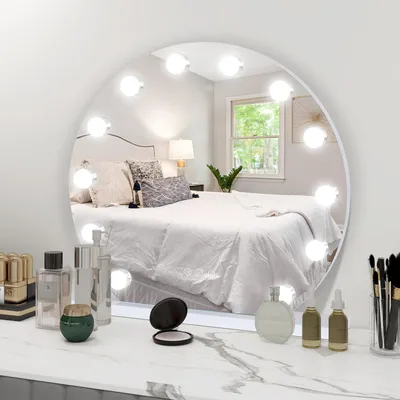 Productafbeelding van Puluomis Make-up Spiegel, cosmeticaspiegel 50x50 cm, Hollywood-spiegel, dimbaar met 12 LED-lampen, 3 lichtkleuren, ronde tafelspiegel