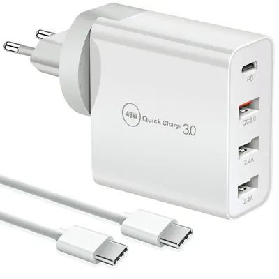 Productafbeelding van 48W USB-C oplader, snellader met 4 poorten, PD 3.0, multifunctionele oplader