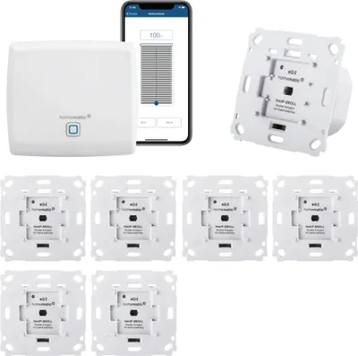 Produktbild von Homematic IP Rolladensteuerung für 7 Rolladen. Smart Home Set mit App zur Automatisierung der Rolläden. Ideal zur Nachrüstung. Alexa kompatibel. Inhalt: Access Point, 7 Funk Rolladenaktoren, Adapter.