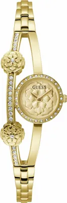 A close-up studio shot of a gold-colored women's watch.
