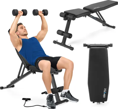 Produktbild von Gymtek® Hantelbank, Trainingsbank, Krafttrainingsbank - Klappbar - Verstellbar - bis 150 kg - inkl. 2 Widerstandsbänder
