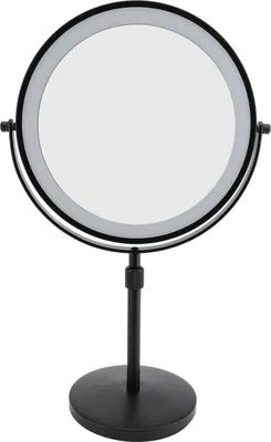 A black, illuminated makeup mirror with a round reflective surface and a stand.