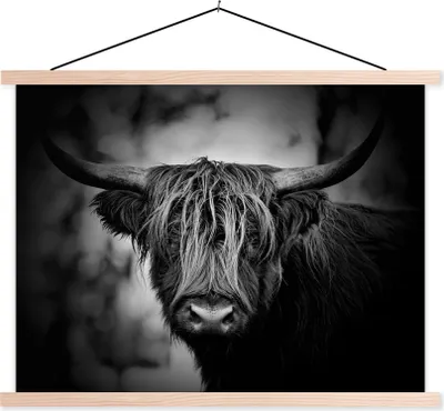 Produktbild von MuchoWow® Textilposter Schottisches Hochlandrind - Licht - Porträt - Natur 150x113 cm mit holzfarbenen Rahmen - Poster