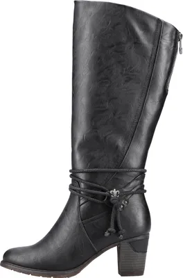 A black leather boot on a white background.