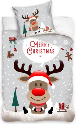 A Christmas-themed duvet cover and pillowcase set featuring a cartoon reindeer.