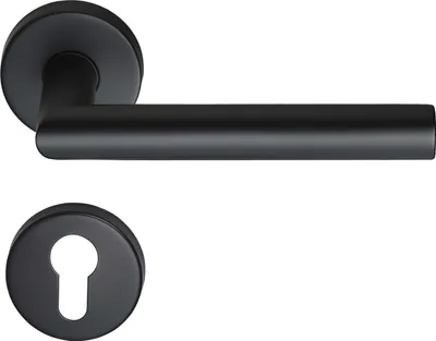 A black door handle set with a keyhole escutcheon on a white background.