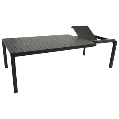 A dark gray outdoor dining table with an extension mechanism is shown against a white background.