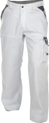 A pair of white and gray work pants are shown against a white background.
