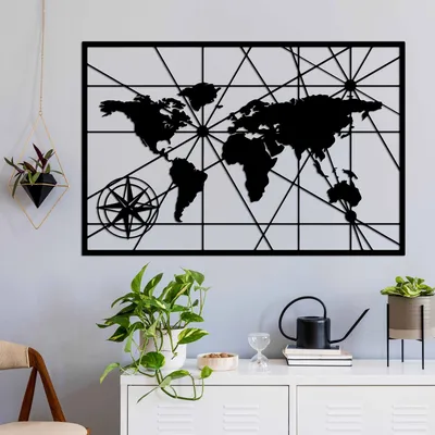 Immagine prodotto di Wallity, Mappa del mondo 1 - v2, Accessorio decorativo da parete in metallo, Nero, 100 % METALLO, 74 x 49 cm
