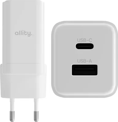 Produktbild von Allity Ladegerät 45W USB-C + USB Typ C und Typ A zum Laden von zwei Geräten.