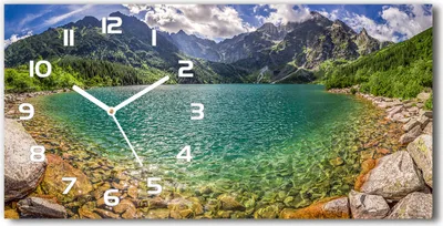 Produktbild von Wanduhr aus Glas – 60x30 cm - Glasbild - Glasuhr - Gehärtetes Glas - weisse-zeiger - See in den Bergen