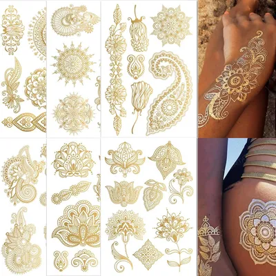 Image de Tatouages temporaires dorés métallisés, 6 grandes feuilles (48 motifs et plus), imperméables, pour femmes