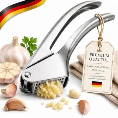 Produktbild von Knoblauchpresse Edelstahl Spülmaschinenfest, Profi Garlic Press, Robuste Knoblauch Presse für Knoblauch & Ingwer, Ergonomischer Küchenhelfer