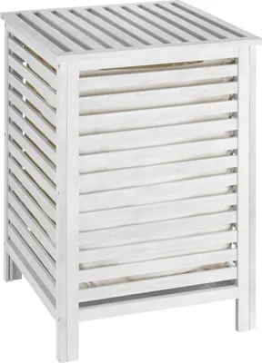 A white slatted laundry hamper.