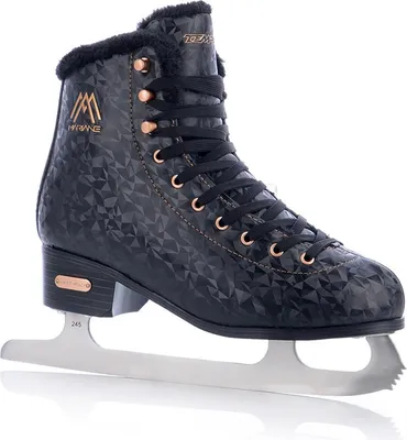 A single black ice skate with gold accents on a white background.