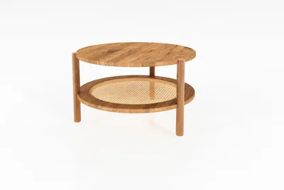 Produktbild von Couchtisch Zola rund aus Wildeiche massiv und Rattan Durchmesser 60 cm