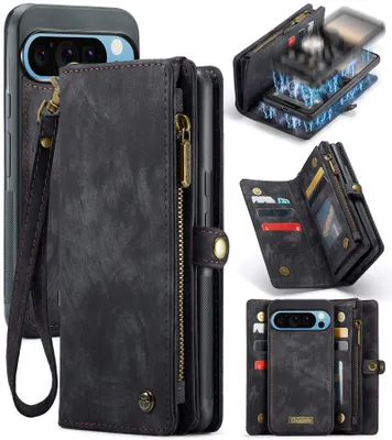 Produktbild von Schutzhülle für Google Pixel 10 Pro XL, Vintage Multifunktions Lederhülle, Kartenfächer, Reißverschluss Hülle Schwarz