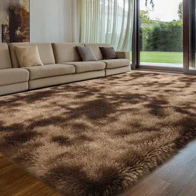 Produktbild von Hochflor Teppich Braun 140x200 cm Waschbar Rutschfest Flauschig Batikbraun