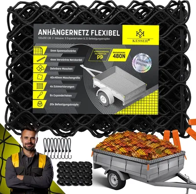 Produktbild von KESSER® Anhängernetz Dehnbar feinmaschig mit Haken | Hängernetz mit Spannseil & Netzkordel für Ladungssicherung | elastisches Sicherungs-Netz Eckmarkierungen Expanderhaken & Befestigungsknöpfen