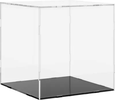 A transparent acrylic display box with a black base.