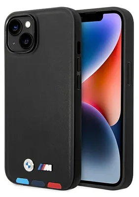 A black iPhone case with BMW branding and colored accents is shown next to an iPhone.