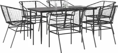 Image de Ensemble à manger de jardin 7pcs noir poly rotin verre