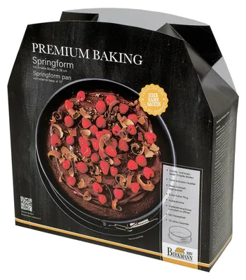 The image shows the packaging of a BIRKMANN Springform pan, featuring a picture of a chocolate cake decorated with raspberries.